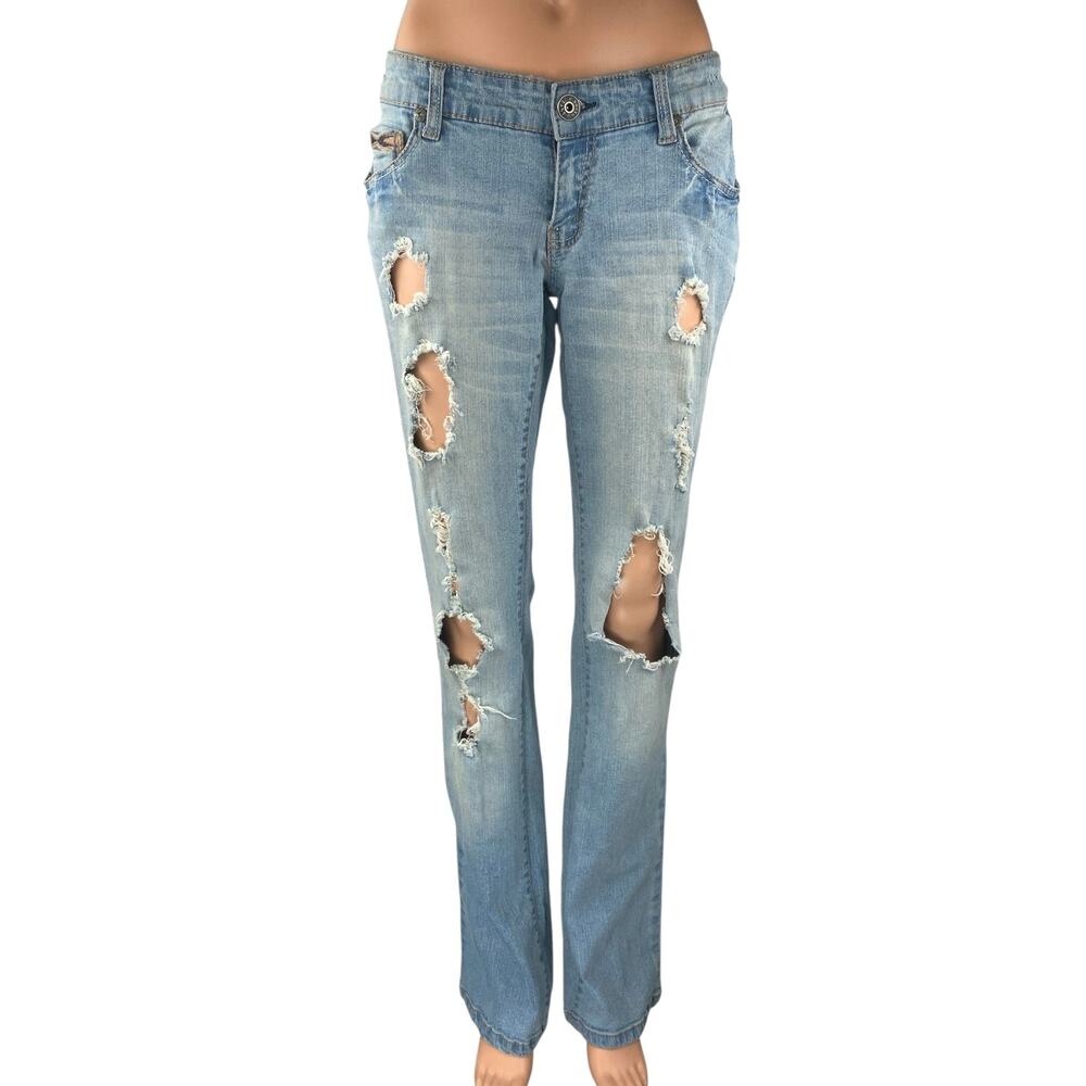 Ariya Women's Blue Distressed Low Waist Straight Leg Denim Jeans Pants Size 7/8